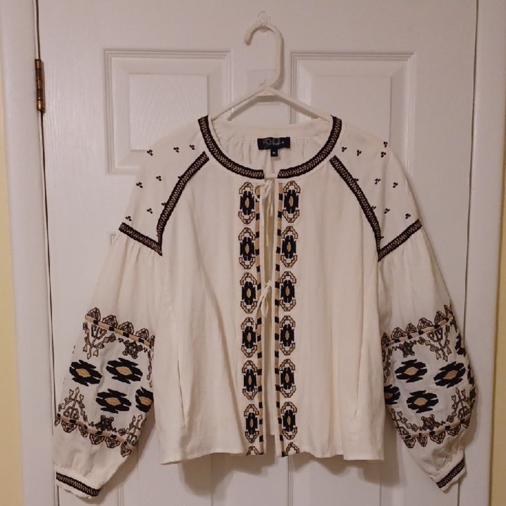 RD +koko Sz M, Embroidered, open Front Blouse In Cream /black Embroidery. NWT